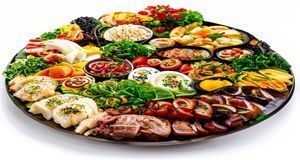 亚洲各国美食拼盘，从寿司到咖喱，色彩丰富，展现亚洲饮食文化多样性，亚洲专区美食频道