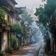 越南河内古城街道清晨薄雾，法式建筑与东南亚热带植物交融，亚洲专区东南亚旅游内容配图